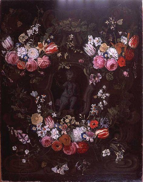 Jan Philip van Thielen Garland of flowers surrounding cherub in grisaille China oil painting art